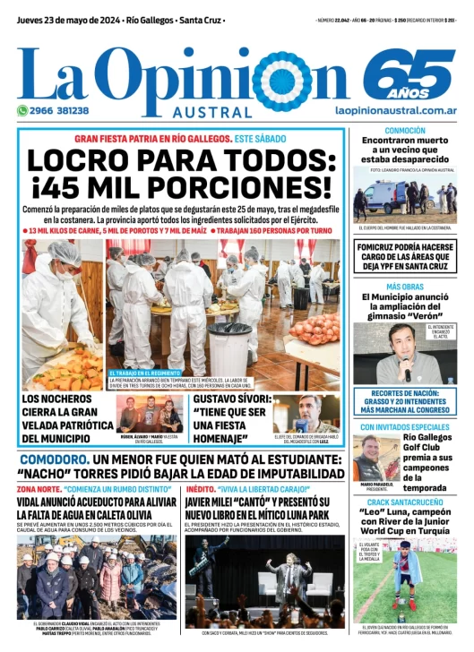 Diario La Opinión Austral tapa edición impresa del jueves 23 de mayo de 2024, Río Gallegos, Santa Cruz, Argentina