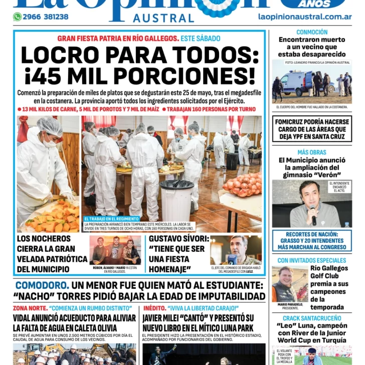 Diario La Opinión Austral tapa edición impresa del jueves 23 de mayo de 2024, Río Gallegos, Santa Cruz, Argentina