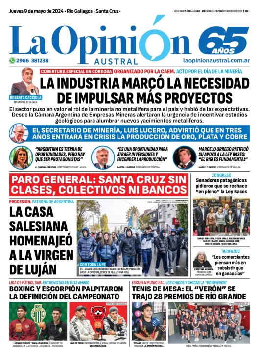 Diario La Opinión Austral tapa edición impresa del jueves 9 de mayo de 2024, Río Gallegos, Santa Cruz, Argentina