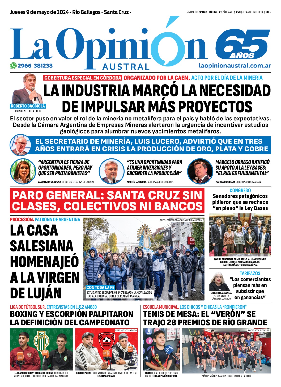 Diario La Opinión Austral tapa edición impresa del jueves 9 de mayo de 2024, Río Gallegos, Santa Cruz, Argentina Diario La Opinión Austral tapa edición impresa del jueves 9 de mayo de 2024, Río Gallegos, Santa Cruz, Argentina