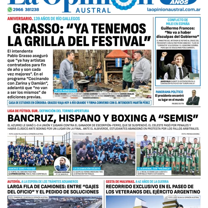 Diario La Opinión Austral tapa edición impresa del lunes 20 de mayo de 2024, Río Gallegos, Santa Cruz, Argentina