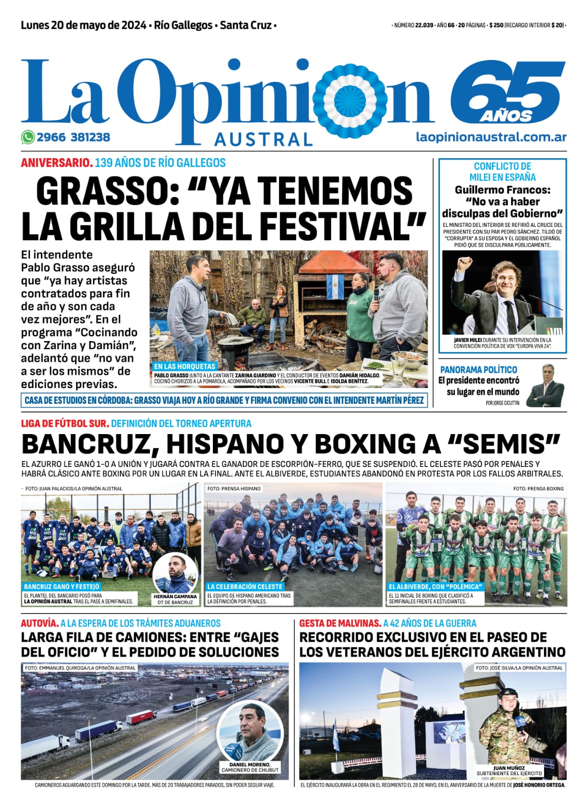 Diario La Opinión Austral tapa edición impresa del lunes 20 de mayo de 2024, Río Gallegos, Santa Cruz, Argentina