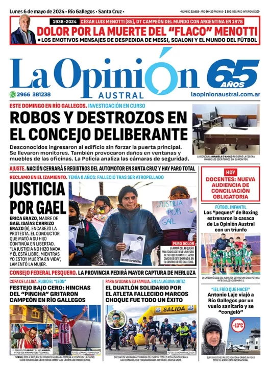 Diario La Opinión Austral tapa edición impresa del lunes 6 de mayo de 2024, Río Gallegos, Santa Cruz, Argentina