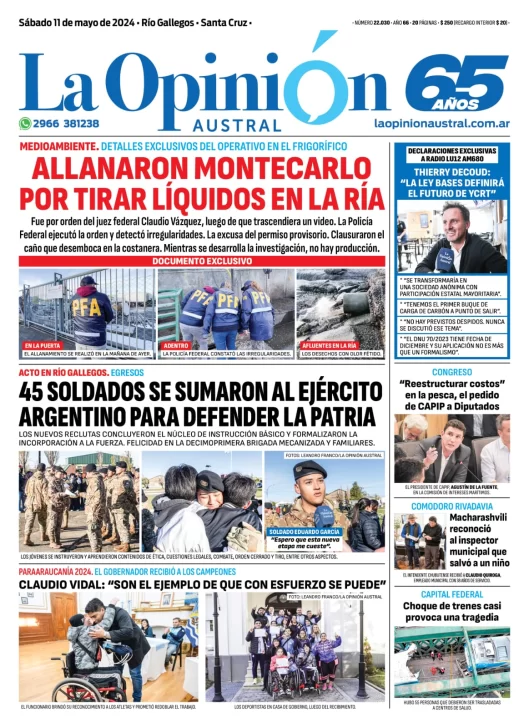 Diario La Opinión Austral tapa edición impresa del sábado 11 de mayo de 2024, Río Gallegos, Santa Cruz, Argentina