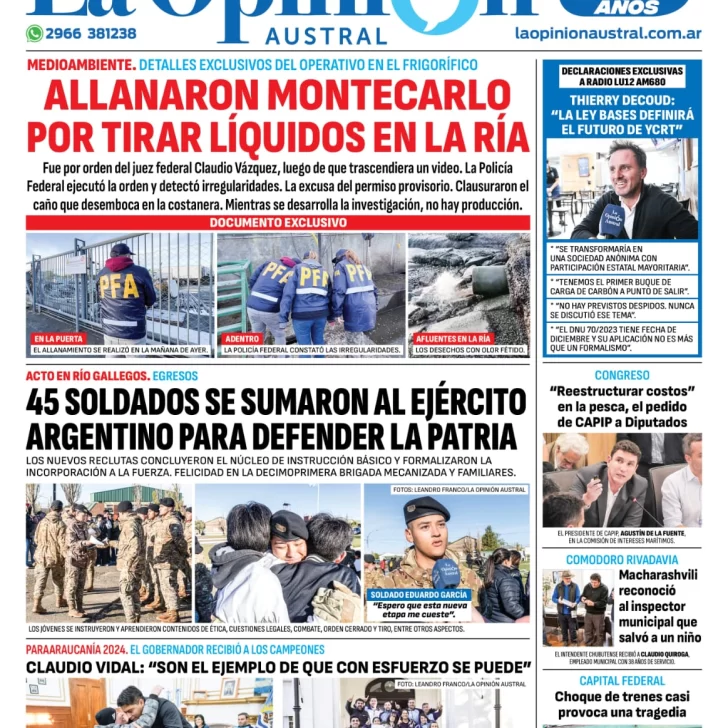 Diario La Opinión Austral tapa edición impresa del sábado 11 de mayo de 2024, Río Gallegos, Santa Cruz, Argentina