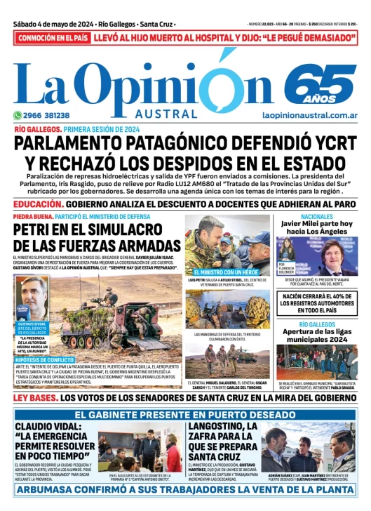 Diario La Opinión Austral tapa edición impresa del sábado 4 de mayo de 2024, Río Gallegos, Santa Cruz, Argentina