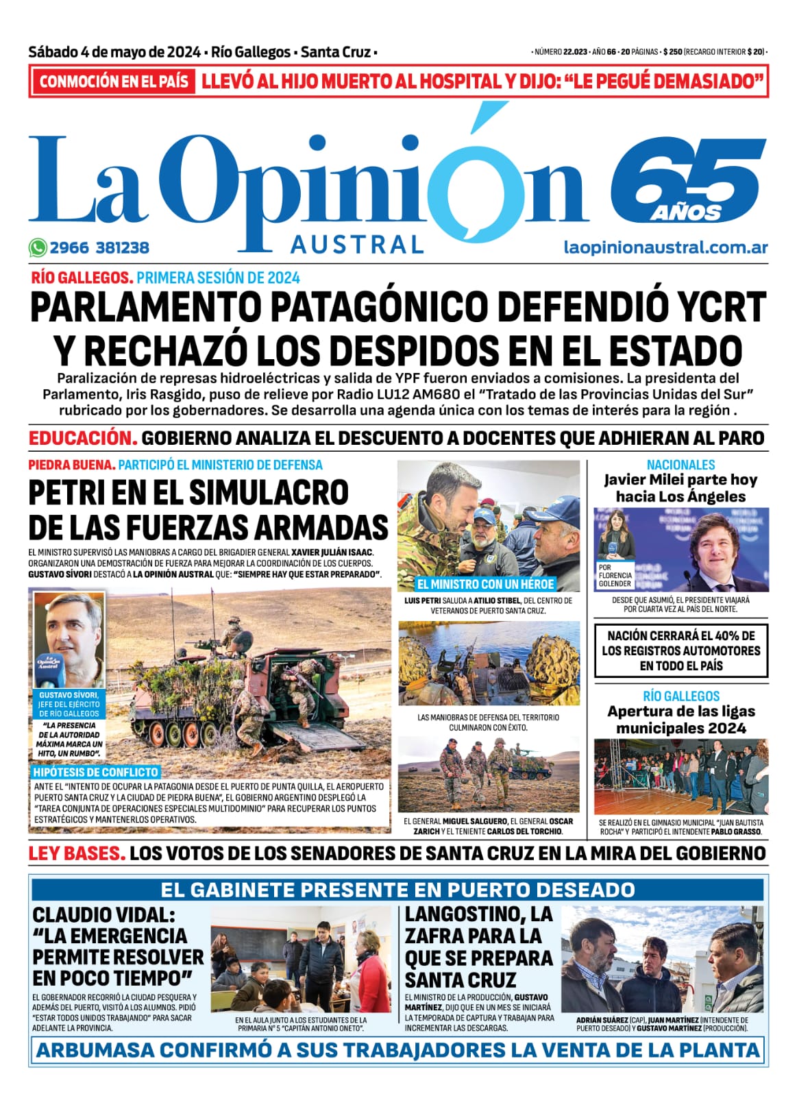 Diario La Opinión Austral tapa edición impresa del sábado 4 de mayo de 2024, Río Gallegos, Santa Cruz, Argentina Diario La Opinión Austral tapa edición impresa del sábado 4 de mayo de 2024, Río Gallegos, Santa Cruz, Argentina