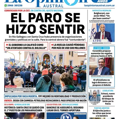 Diario La Opinión Austral tapa edición impresa del viernes 10 de mayo de 2024, Río Gallegos, Santa Cruz, Argentina