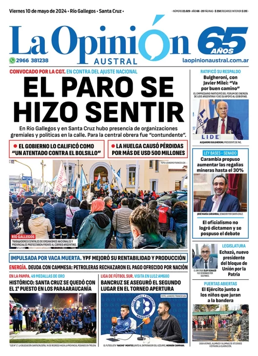 Diario La Opinión Austral tapa edición impresa del viernes 10 de mayo de 2024, Río Gallegos, Santa Cruz, Argentina