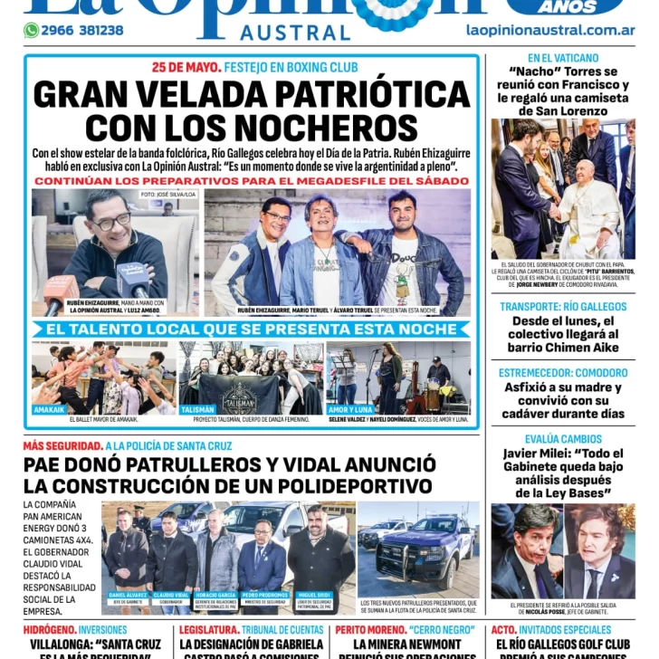 Diario La Opinión Austral tapa edición impresa del viernes 24 de mayo de 2024, Río Gallegos, Santa Cruz, Argentina