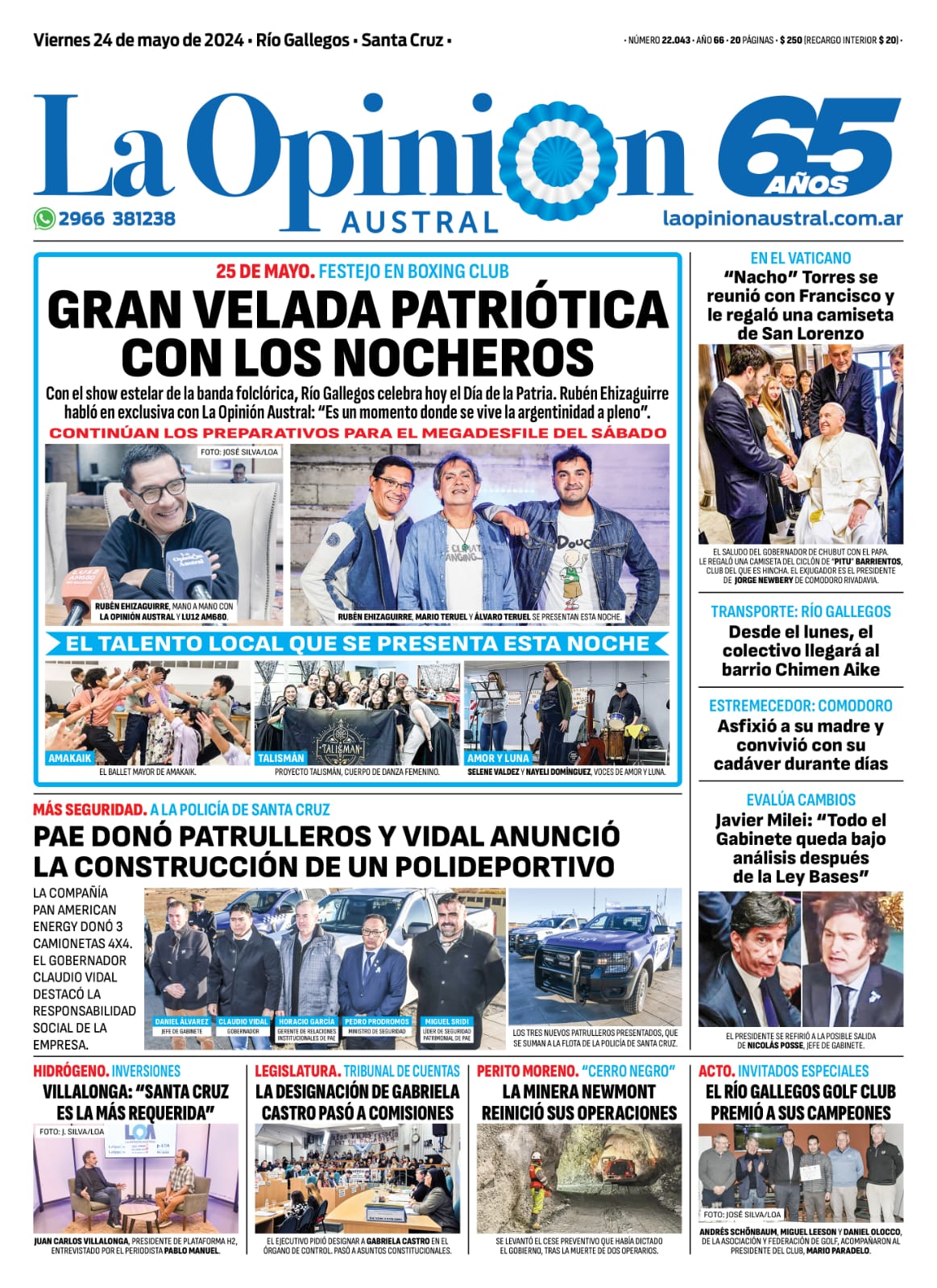 Diario La Opinión Austral tapa edición impresa del viernes 24 de mayo de 2024, Río Gallegos, Santa Cruz, Argentina