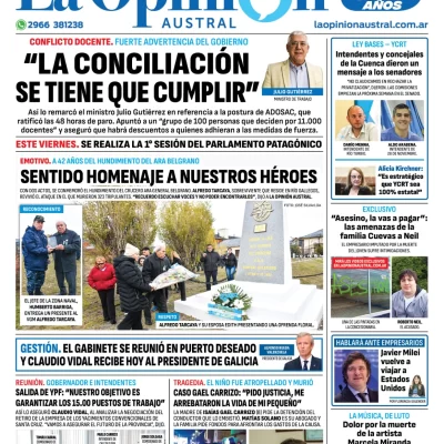 Diario La Opinión Austral tapa edición impresa del viernes 3 de mayo de 2024, Río Gallegos, Santa Cruz, Argentina