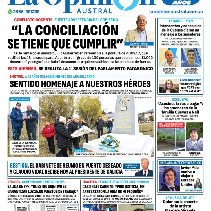 Diario La Opinión Austral tapa edición impresa del viernes 3 de mayo de 2024, Río Gallegos, Santa Cruz, Argentina Diario La Opinión Austral tapa edición impresa del viernes 3 de mayo de 2024, Río Gallegos, Santa Cruz, Argentina