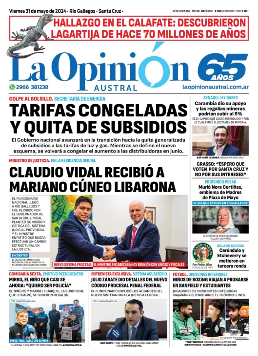 Diario La Opinión Austral tapa edición impresa del viernes 31 de mayo de 2024, Río Gallegos, Santa Cruz, Argentina