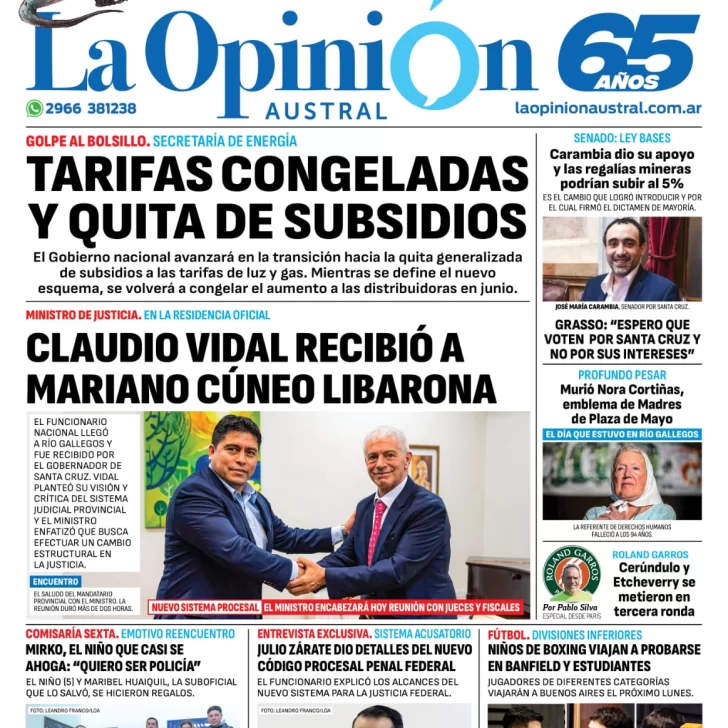 Diario La Opinión Austral tapa edición impresa del viernes 31 de mayo de 2024, Río Gallegos, Santa Cruz, Argentina