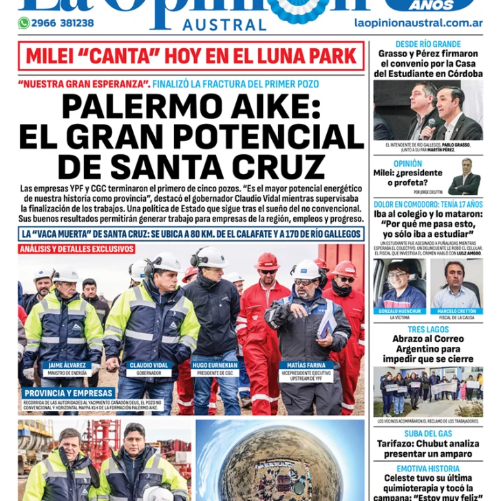 Diario La Opinión Austral tapa edición impresa del miércoles 22 de mayo de 2024, Río Gallegos, Santa Cruz, Argentina