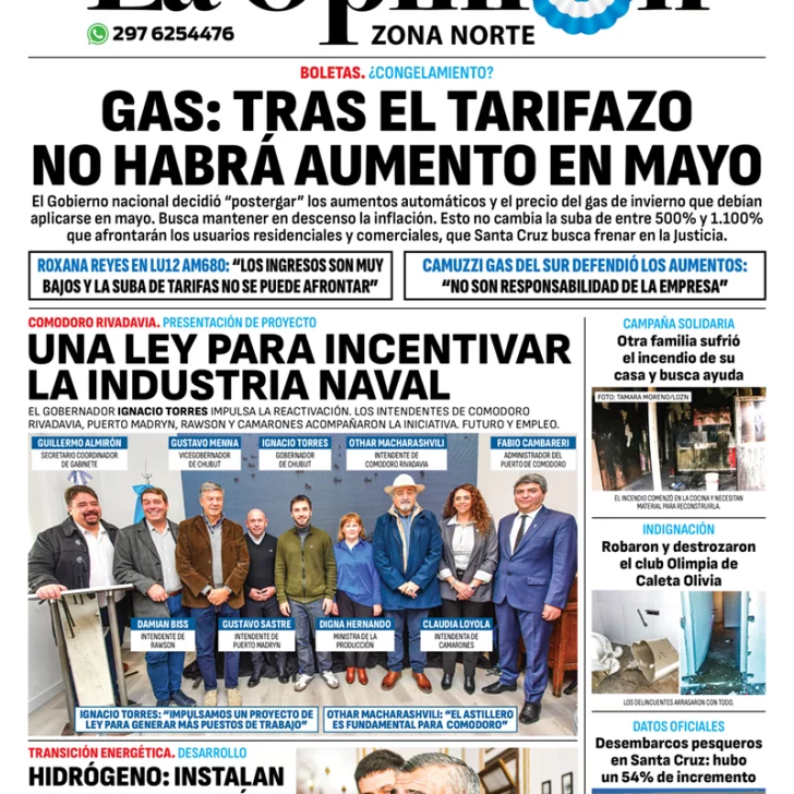 Diario La Opinión Zona Norte tapa edición impresa del martes 21 de mayo de 2024, Caleta Olivia, Santa Cruz, Argentina