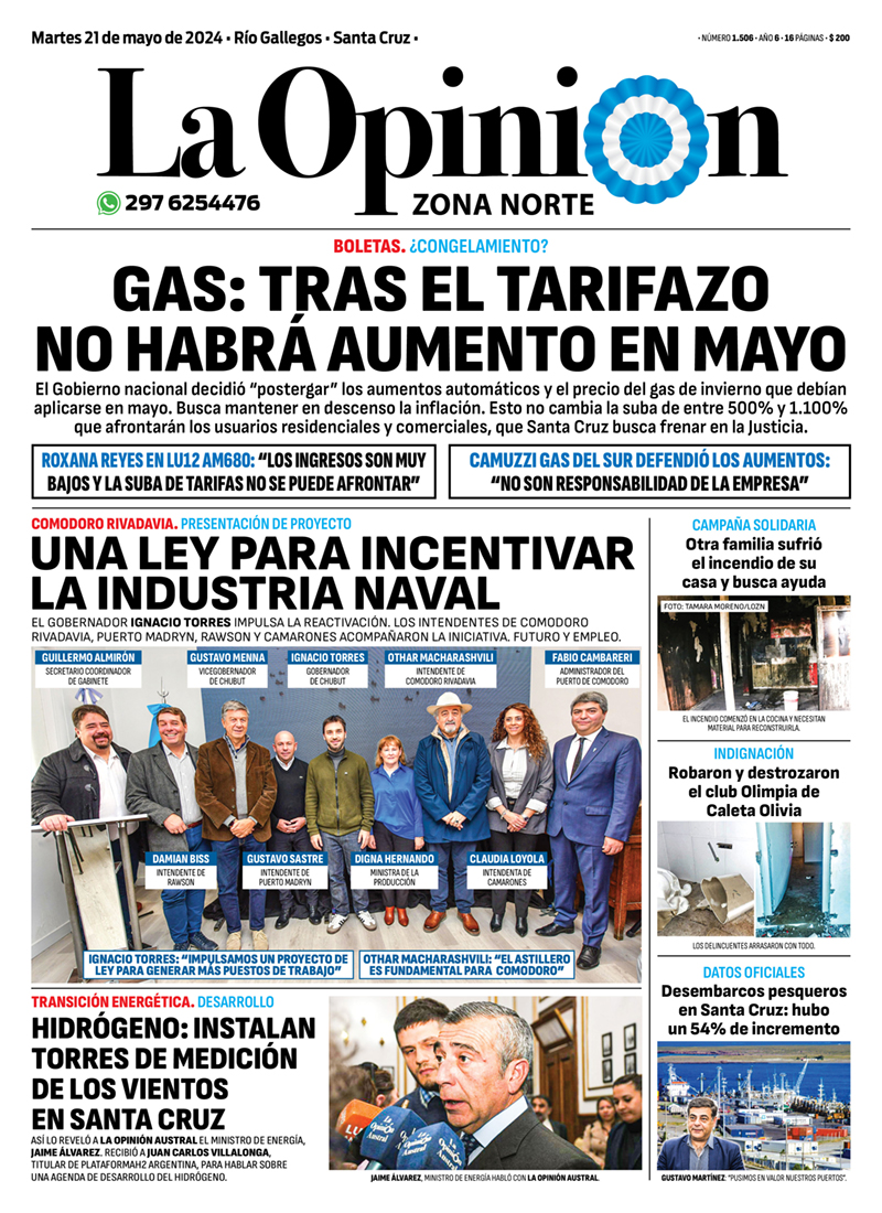 Diario La Opinión Zona Norte tapa edición impresa del martes 21 de mayo de 2024, Caleta Olivia, Santa Cruz, Argentina