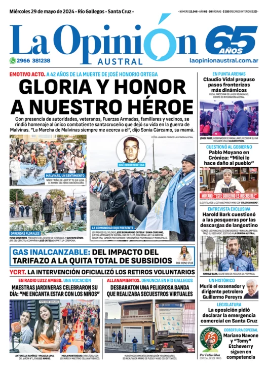 Diario La Opinión Austral tapa edición impresa del miércoles 29 de mayo de 2024, Río Gallegos, Santa Cruz, Argentina