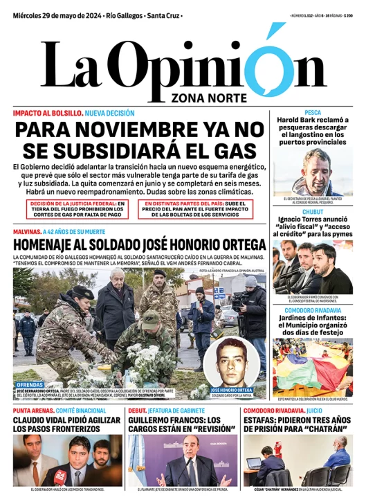 Diario La Opinión Zona Norte tapa edición impresa del miércoles 29 de mayo de 2024, Caleta Olivia, Santa Cruz, Argentina