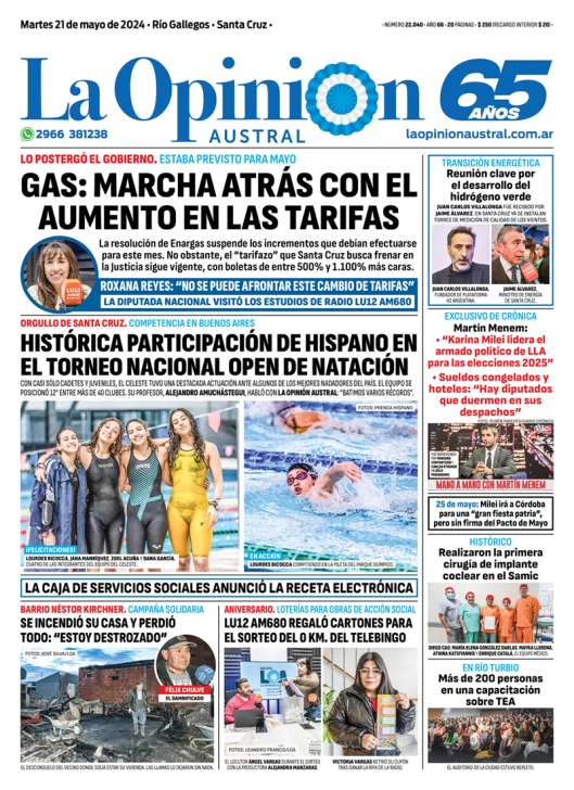 Diario La Opinión Austral tapa edición impresa del martes 21 de mayo de 2024, Río Gallegos, Santa Cruz, Argentina