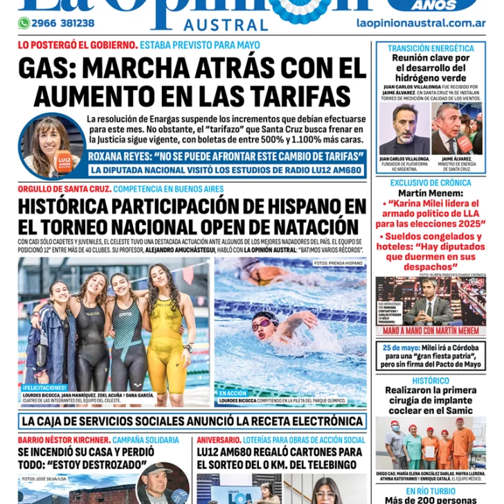 Diario La Opinión Austral tapa edición impresa del martes 21 de mayo de 2024, Río Gallegos, Santa Cruz, Argentina