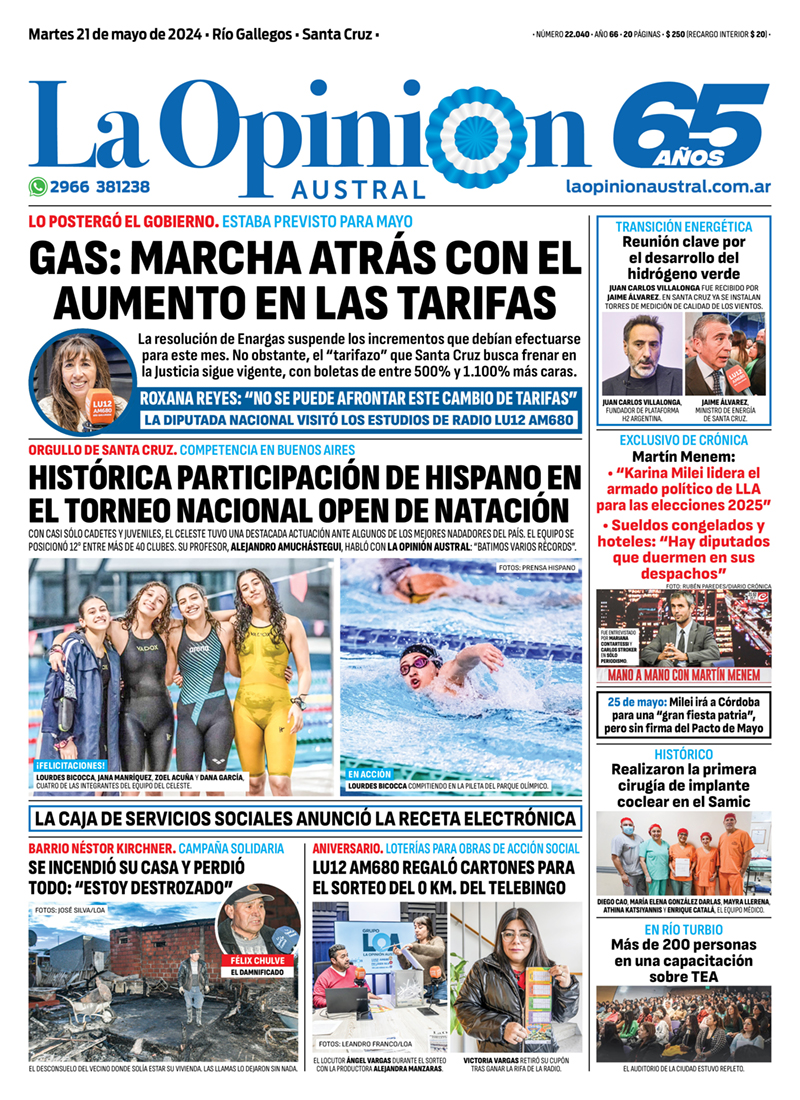 Diario La Opinión Austral tapa edición impresa del martes 21 de mayo de 2024, Río Gallegos, Santa Cruz, Argentina