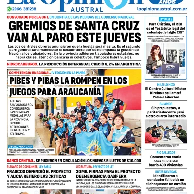 Diario La Opinión Austral tapa edición impresa del miércoles 8 de mayo de 2024, Río Gallegos, Santa Cruz, Argentina