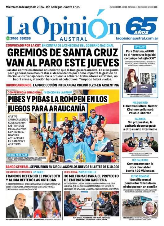 Diario La Opinión Austral tapa edición impresa del miércoles 8 de mayo de 2024, Río Gallegos, Santa Cruz, Argentina
