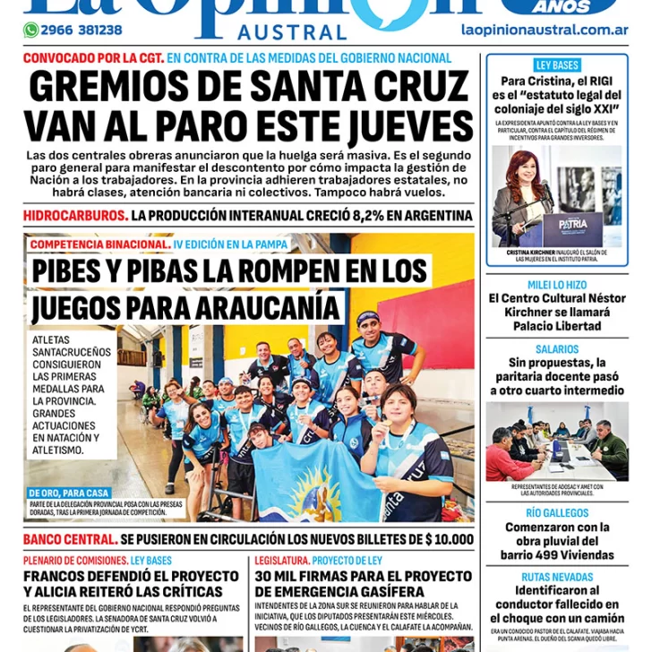 Diario La Opinión Austral tapa edición impresa del miércoles 8 de mayo de 2024, Río Gallegos, Santa Cruz, Argentina Diario La Opinión Austral tapa edición impresa del miércoles 8 de mayo de 2024, Río Gallegos, Santa Cruz, Argentina
