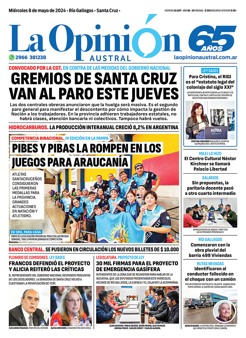 Diario La Opinión Austral tapa edición impresa del miércoles 8 de mayo de 2024, Río Gallegos, Santa Cruz, Argentina Diario La Opinión Austral tapa edición impresa del miércoles 8 de mayo de 2024, Río Gallegos, Santa Cruz, Argentina