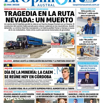 Diario La Opinión Austral tapa edición impresa del martes 7 de mayo de 2024, Río Gallegos, Santa Cruz, Argentina
