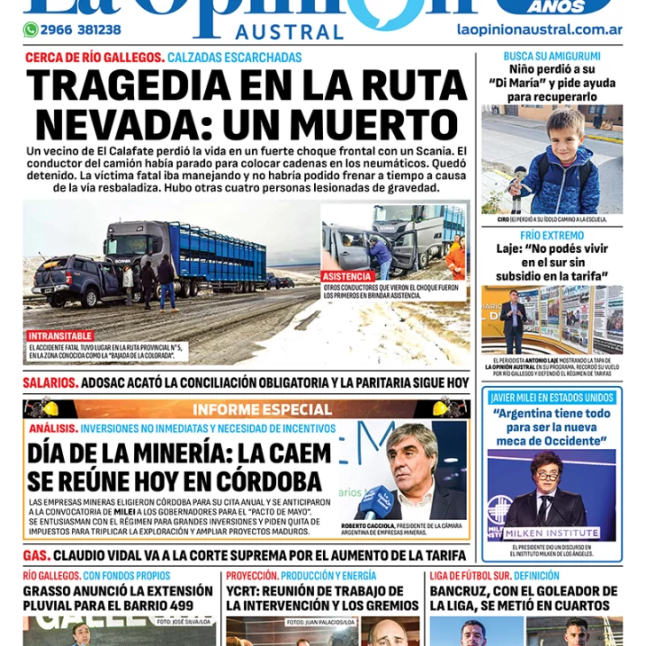 Diario La Opinión Austral tapa edición impresa del martes 7 de mayo de 2024, Río Gallegos, Santa Cruz, Argentina Diario La Opinión Austral tapa edición impresa del martes 7 de mayo de 2024, Río Gallegos, Santa Cruz, Argentina