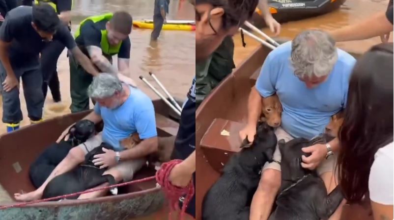 Video. Un hombre arriesgó su vida para salvar a sus cuatro perros de la inundación en Brasil