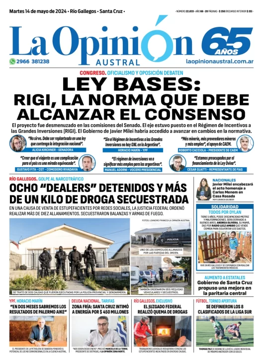 Diario La Opinión Austral tapa edición impresa del martes 14 de mayo de 2024, Río Gallegos, Santa Cruz, Argentina