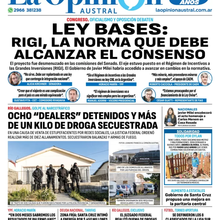 Diario La Opinión Austral tapa edición impresa del martes 14 de mayo de 2024, Río Gallegos, Santa Cruz, Argentina