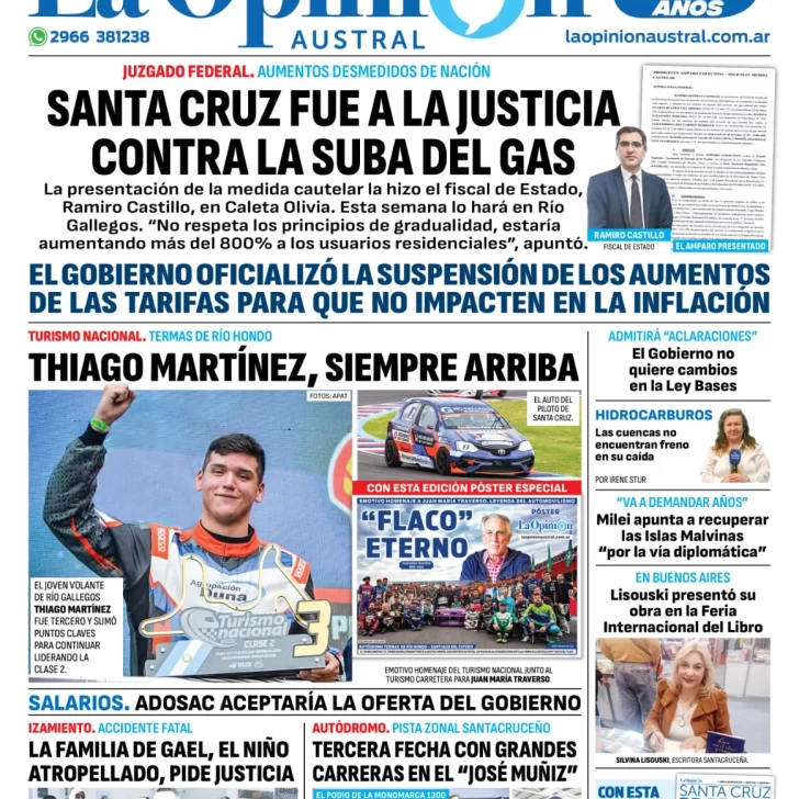 Diario La Opinión Austral tapa edición impresa del lunes 13 de mayo de 2024, Río Gallegos, Santa Cruz, Argentina Diario La Opinión Austral tapa edición impresa del lunes 13 de mayo de 2024, Río Gallegos, Santa Cruz, Argentina