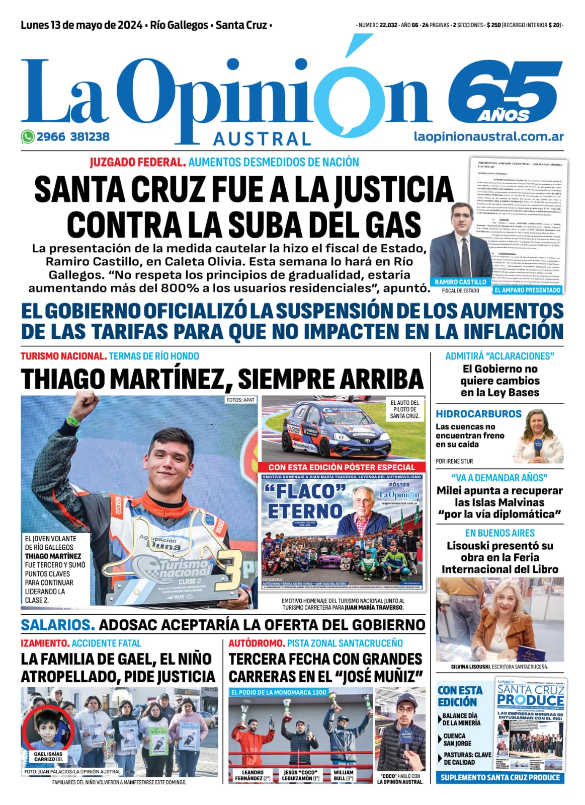 Diario La Opinión Austral tapa edición impresa del lunes 13 de mayo de 2024, Río Gallegos, Santa Cruz, Argentina Diario La Opinión Austral tapa edición impresa del lunes 13 de mayo de 2024, Río Gallegos, Santa Cruz, Argentina