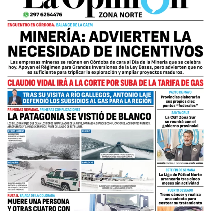 Diario La Opinión Zona Norte tapa edición impresa del martes 7 de mayo de 2024, Caleta Olivia, Santa Cruz, Argentina Diario La Opinión Zona Norte tapa edición impresa del martes 7 de mayo de 2024, Caleta Olivia, Santa Cruz, Argentina