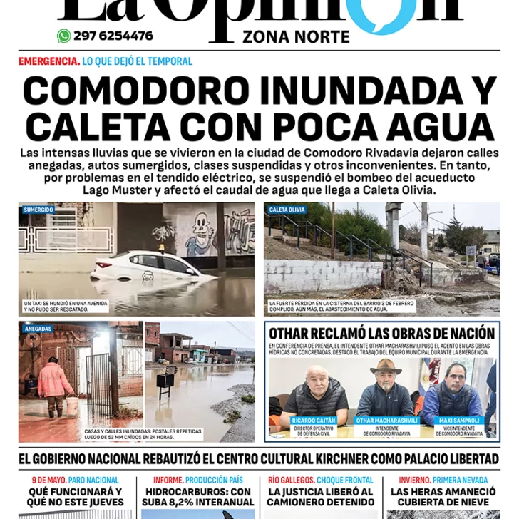 Diario La Opinión Zona Norte tapa edición impresa del miércoles 8 de mayo de 2024, Caleta Olivia, Santa Cruz, Argentina Diario La Opinión Zona Norte tapa edición impresa del miércoles 8 de mayo de 2024, Caleta Olivia, Santa Cruz, Argentina