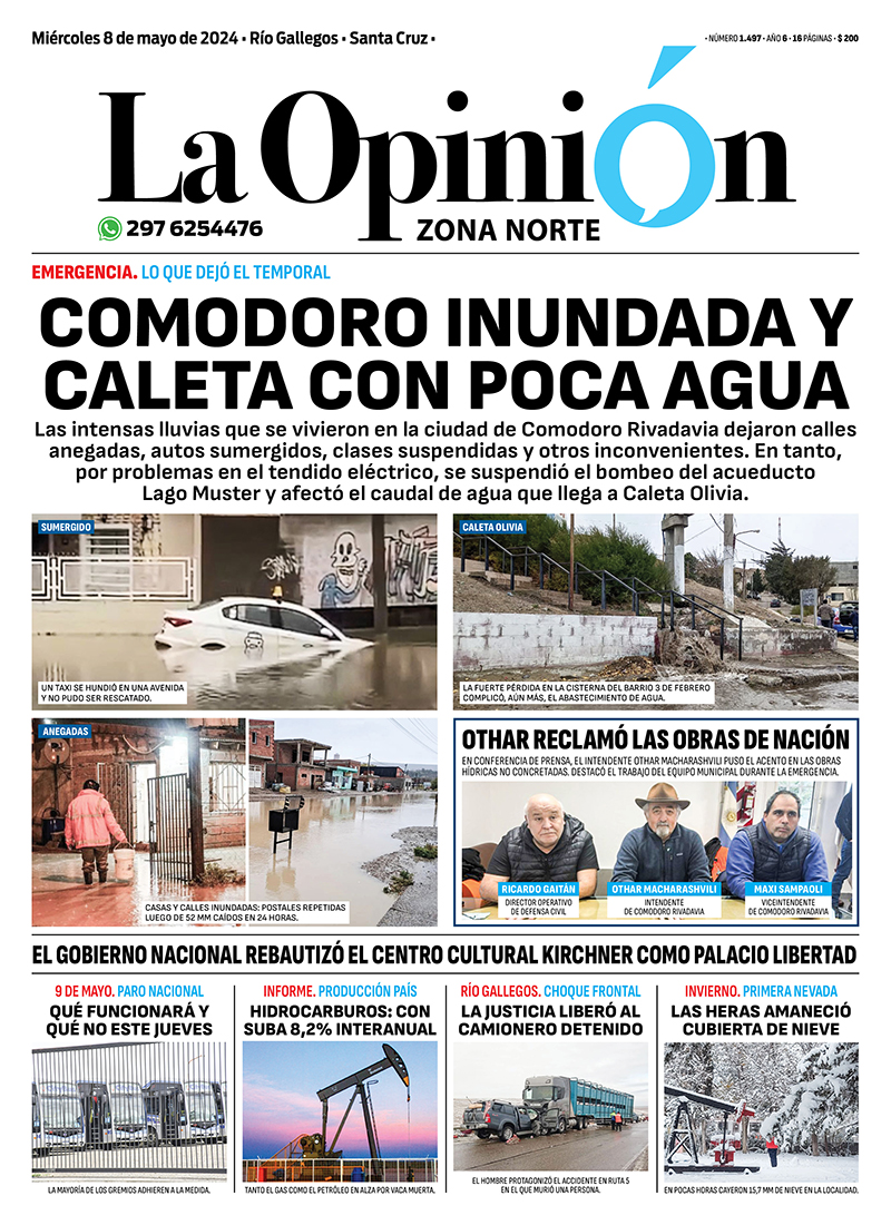 Diario La Opinión Zona Norte tapa edición impresa del miércoles 8 de mayo de 2024, Caleta Olivia, Santa Cruz, Argentina Diario La Opinión Zona Norte tapa edición impresa del miércoles 8 de mayo de 2024, Caleta Olivia, Santa Cruz, Argentina