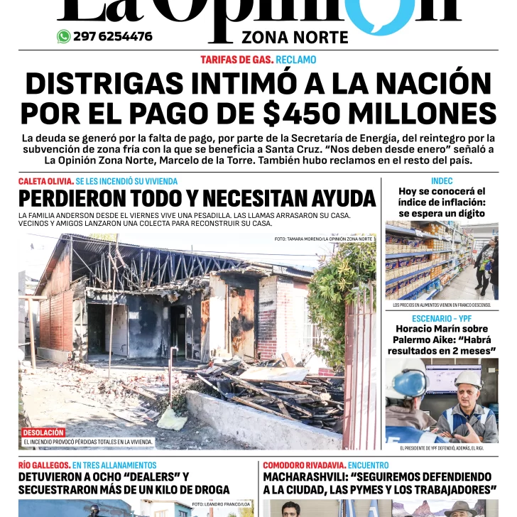 Diario La Opinión Zona Norte tapa edición impresa del martes 14 de mayo de 2024, Caleta Olivia, Santa Cruz, Argentina