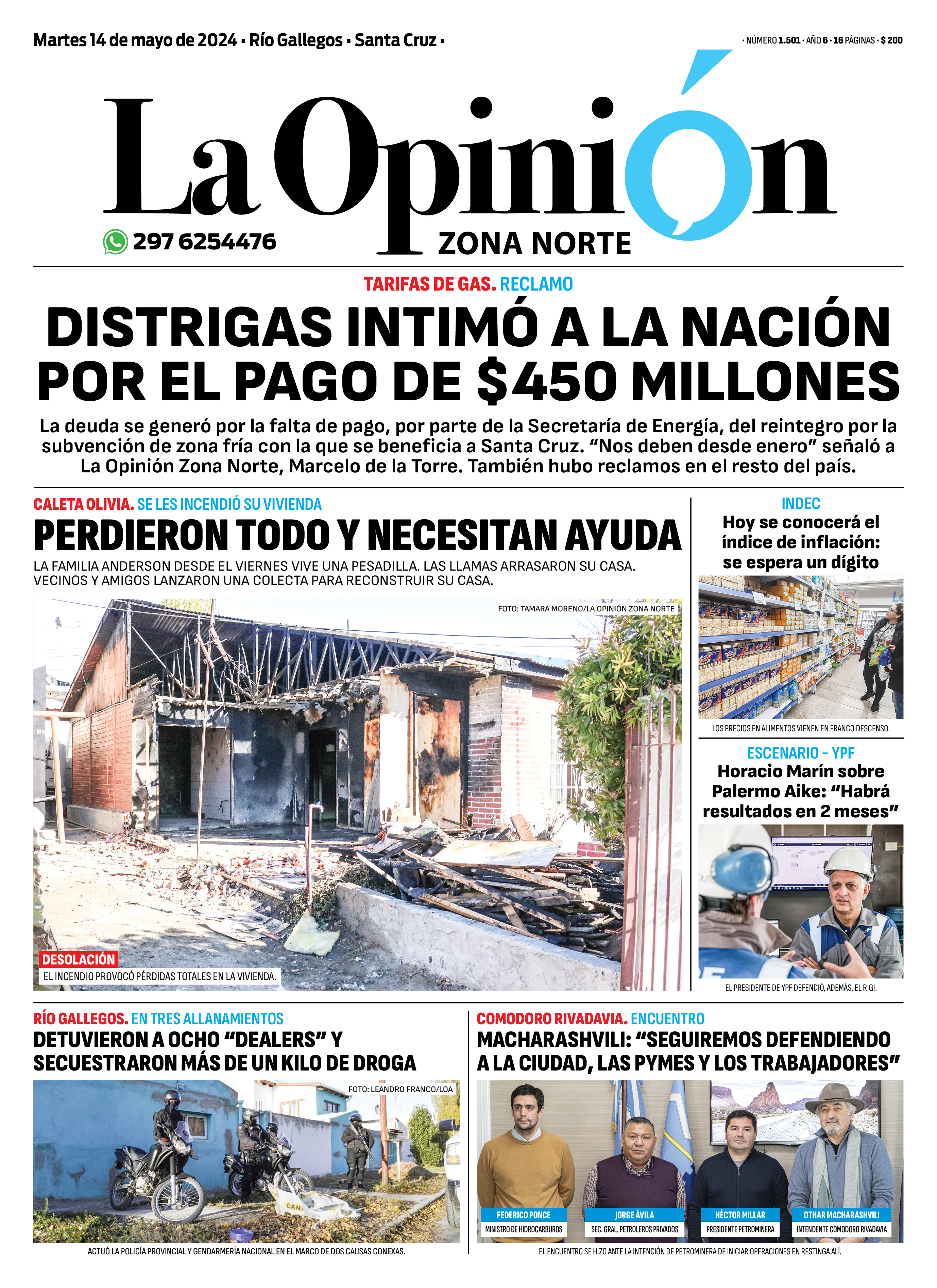 Diario La Opinión Zona Norte tapa edición impresa del martes 14 de mayo de 2024, Caleta Olivia, Santa Cruz, Argentina