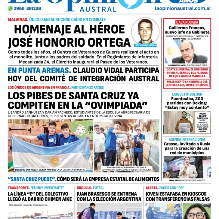 Diario La Opinión Austral tapa edición impresa del martes 28 de mayo de 2024, Río Gallegos, Santa Cruz, Argentina