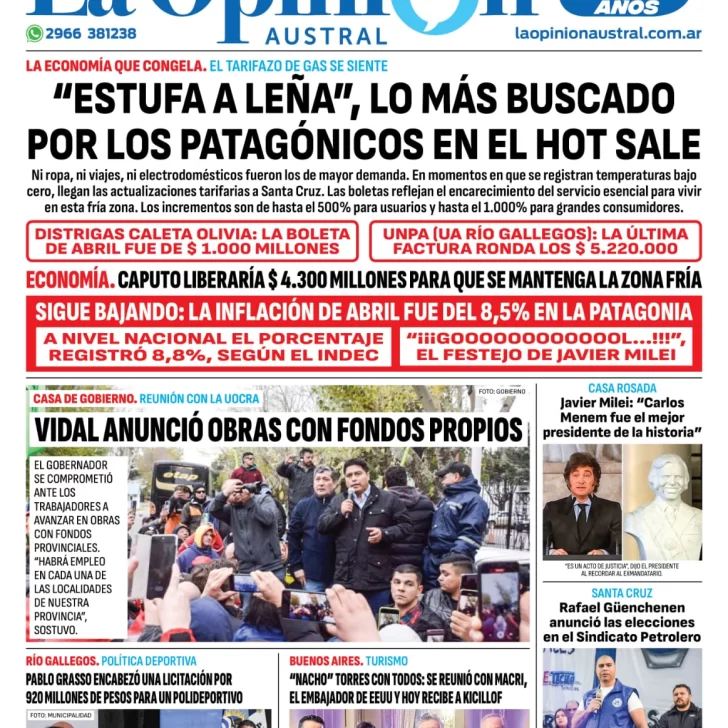 Diario La Opinión Austral tapa edición impresa del miércoles 15 de mayo de 2024, Río Gallegos, Santa Cruz, Argentina