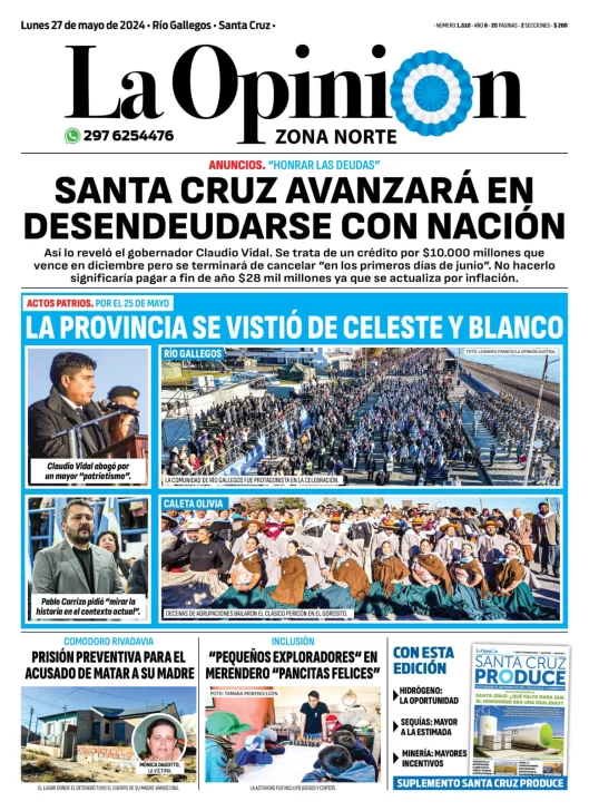 Diario La Opinión Zona Norte tapa edición impresa del lunes 27 de mayo de 2024, Caleta Olivia, Santa Cruz, Argentina