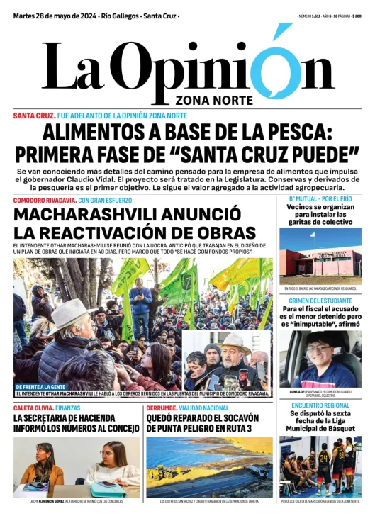 Diario La Opinión Zona Norte tapa edición impresa del martes 28 de mayo de 2024, Caleta Olivia, Santa Cruz, Argentina