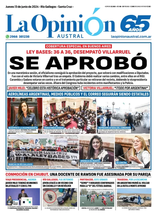 Diario La Opinión Austral tapa edición impresa del jueves 13 de junio de 2024, Río Gallegos, Santa Cruz, Argentina