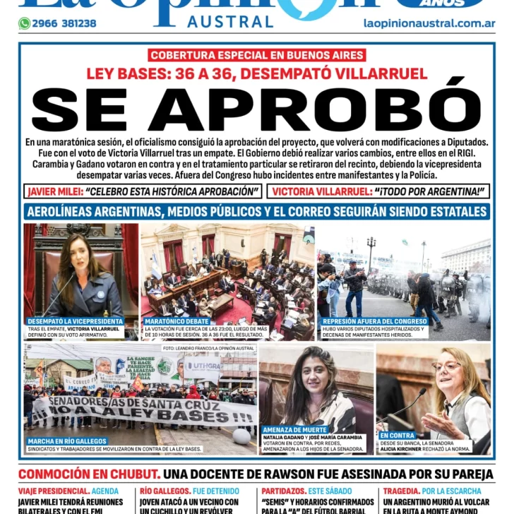 Diario La Opinión Austral tapa edición impresa del jueves 13 de junio de 2024, Río Gallegos, Santa Cruz, Argentina