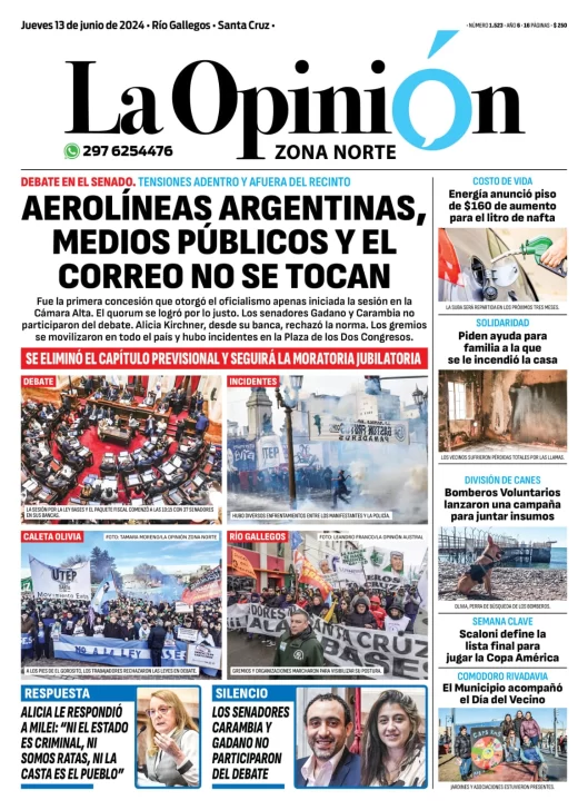 Diario La Opinión Zona Norte tapa edición impresa del jueves 13 de junio de 2024, Caleta Olivia, Santa Cruz, Argentina